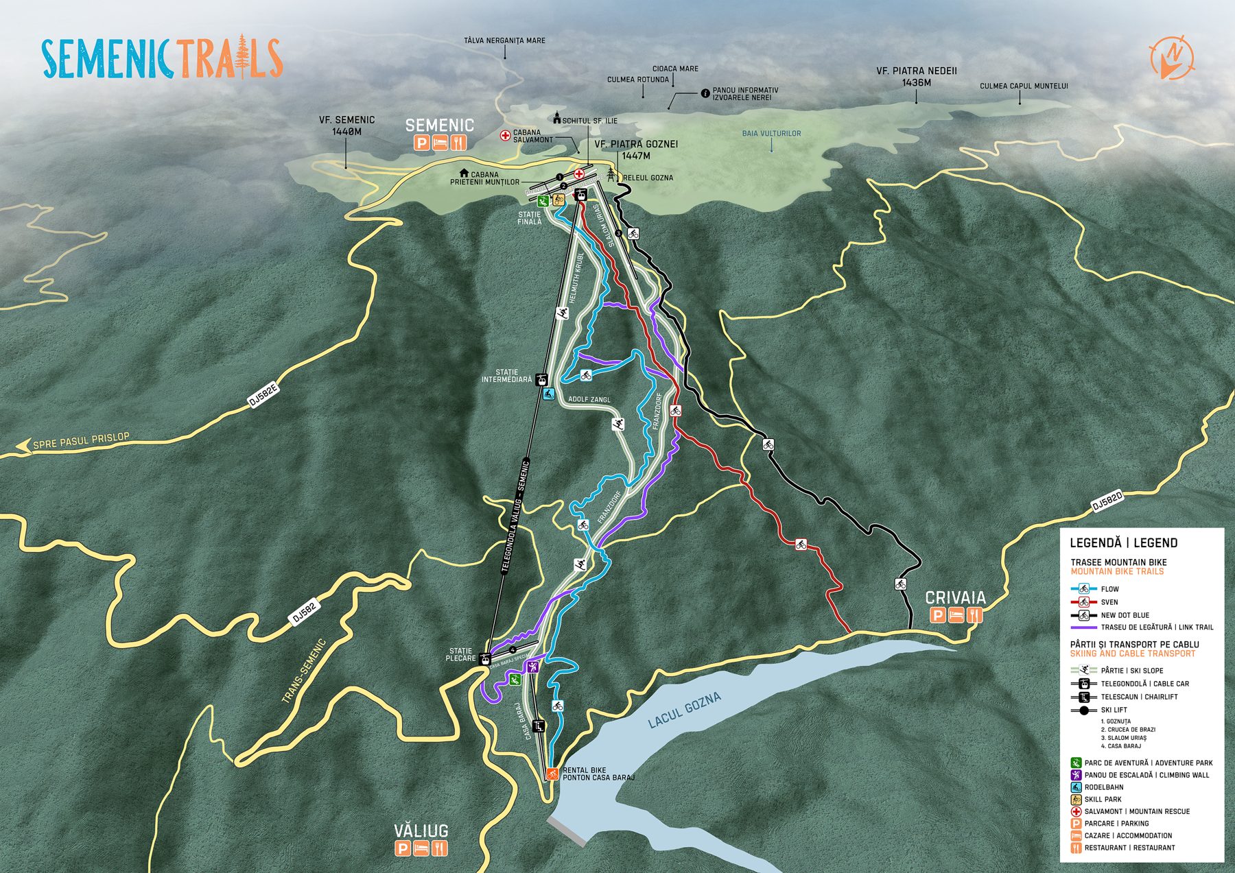 Harta Semenic Trails: trasee MTB, pârtii și telegondolă